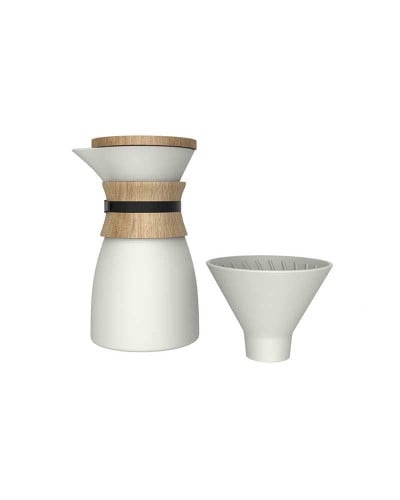 صانع القهوة من السيراميك مع فلتر تقطير وغطاء خشبي 550 مللي - أبيض