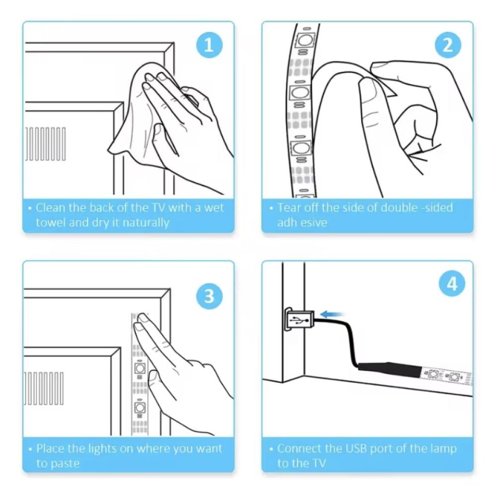 شريط إضاءة خلفية LED للتلفزيون مزود بتقنية ألوان RGB. يمكن تشغيله عبر منفذ USB، ويأتي مزودًا بوحدة تحكم لضبط تأثيرات الإضاءة. صُمم الشريط لتحسين تجربة المشاهدة من خلال توفير إضاءة محيطية حول التلفزيون، مما يُخفف إجهاد العين ويخلق جوًا أكثر غامرة.