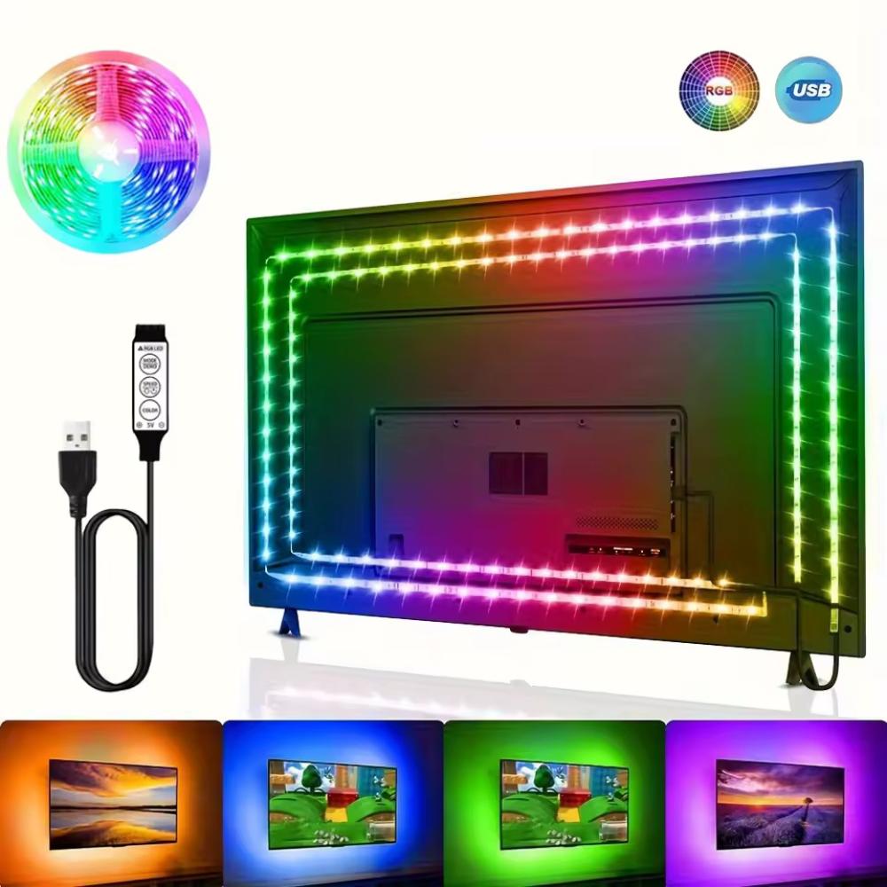 شريط إضاءة خلفية LED للتلفزيون مزود بتقنية ألوان RGB. يمكن تشغيله عبر منفذ USB، ويأتي مزودًا بوحدة تحكم لضبط تأثيرات الإضاءة. صُمم الشريط لتحسين تجربة المشاهدة من خلال توفير إضاءة محيطية حول التلفزيون، مما يُخفف إجهاد العين ويخلق جوًا أكثر غامرة.