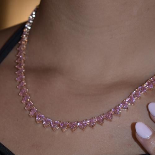 Pink hearts tennis necklace