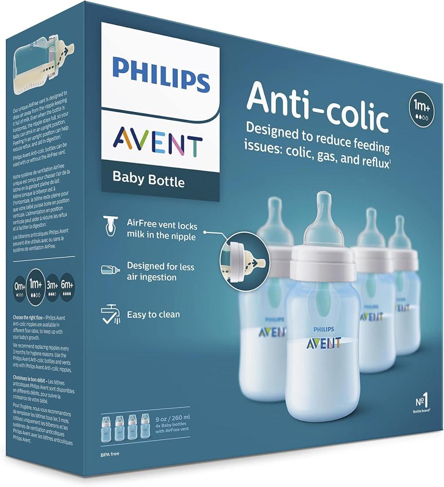Philips Avent Anti-Colic Bottle with AirFree Vent, 9oz, 4pk, Blue