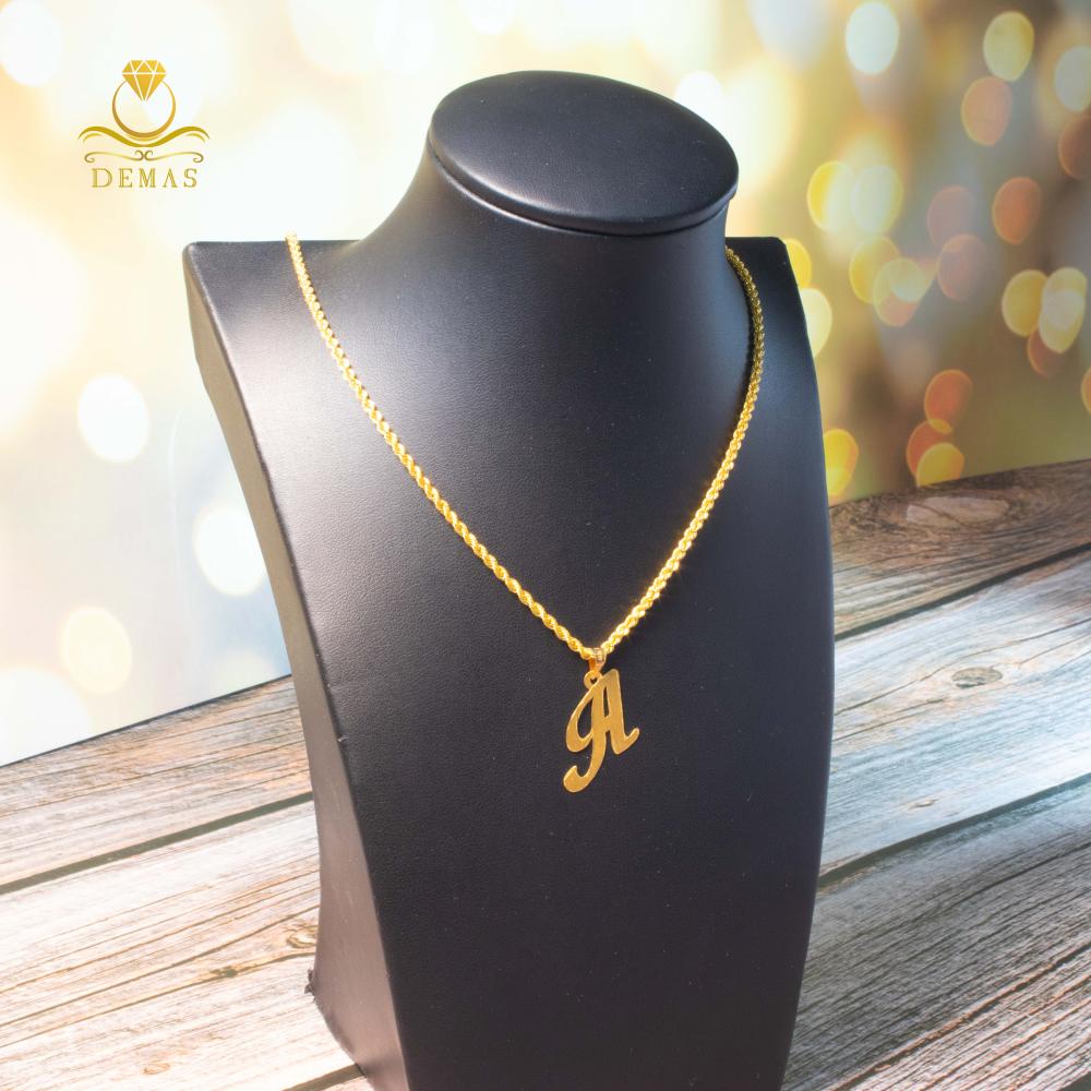 Gold letter pendant with rope chain 18k Demas Gold Store Demas