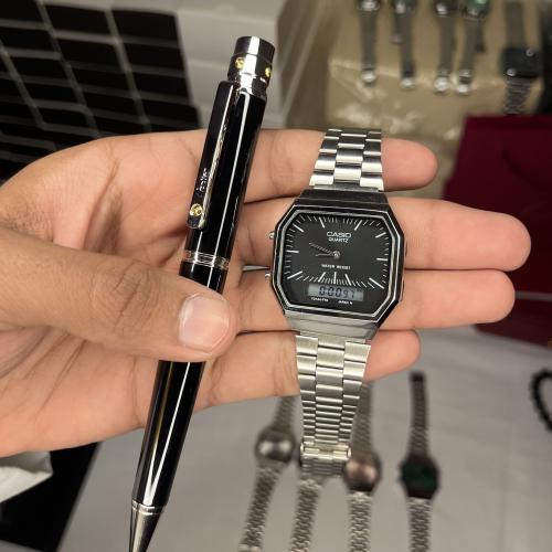 طقم ساعة كاسيو (اسود) دبل تايم وقلم كارتير