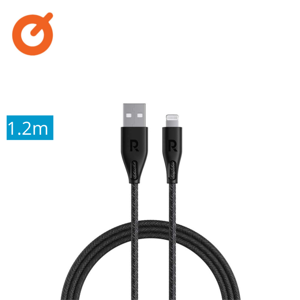 كيبل USB الى ايفون قماش بطول 1.2 متر نايلون راف باور - اسود