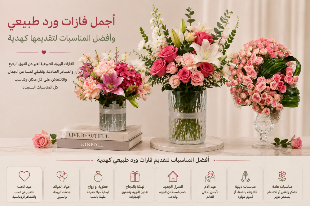 أجمل فازات ورد طبيعي وأفضل المناسبات لتقديمها كهدية
