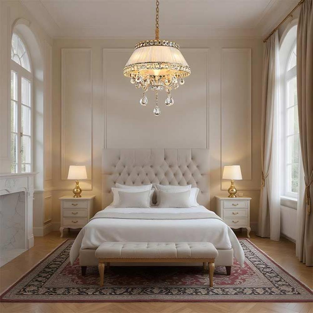 White Shade Chandelier with Crystal and Gold Metal 6665 Siera