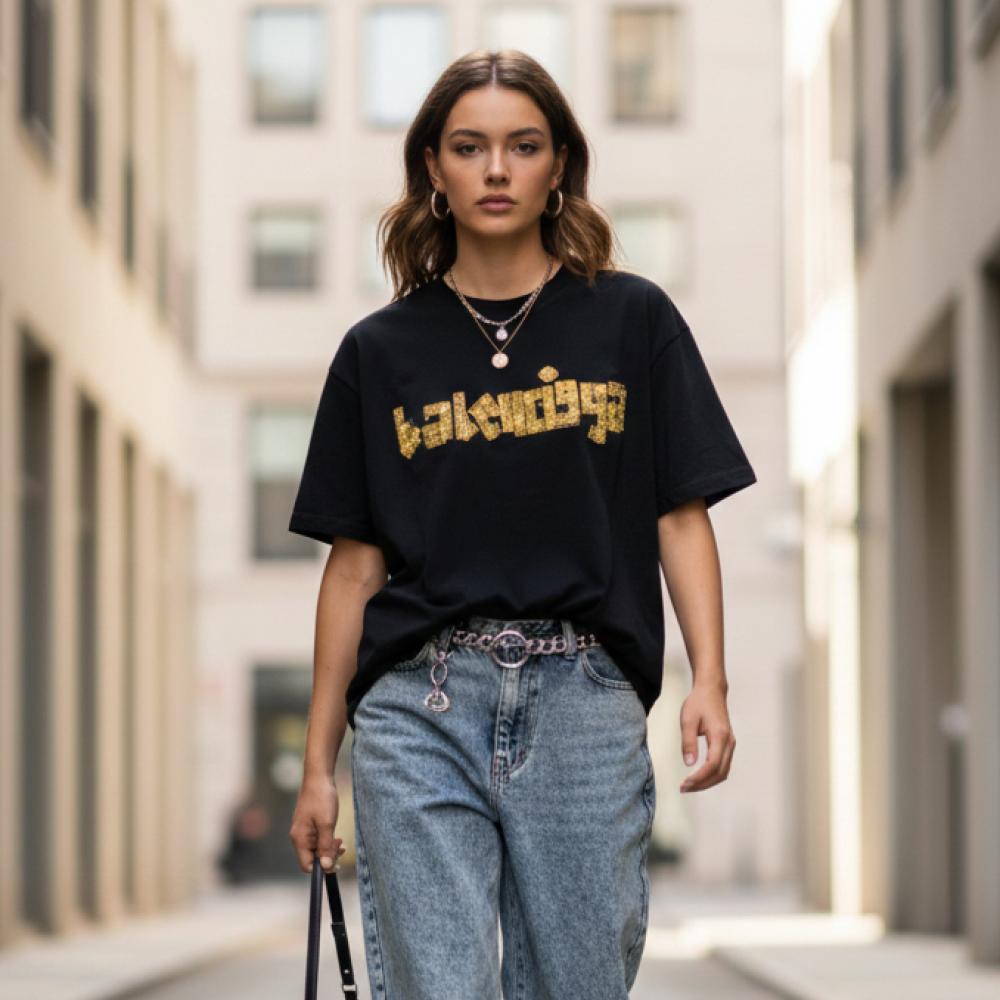 تيشيرت "بالنسياغا" بريق الغرافيتي الذهبي