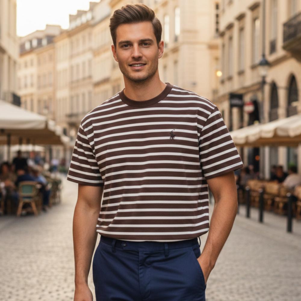 تيشيرت "بولو" قطني مخطط – بني وأبيض كلاسيك