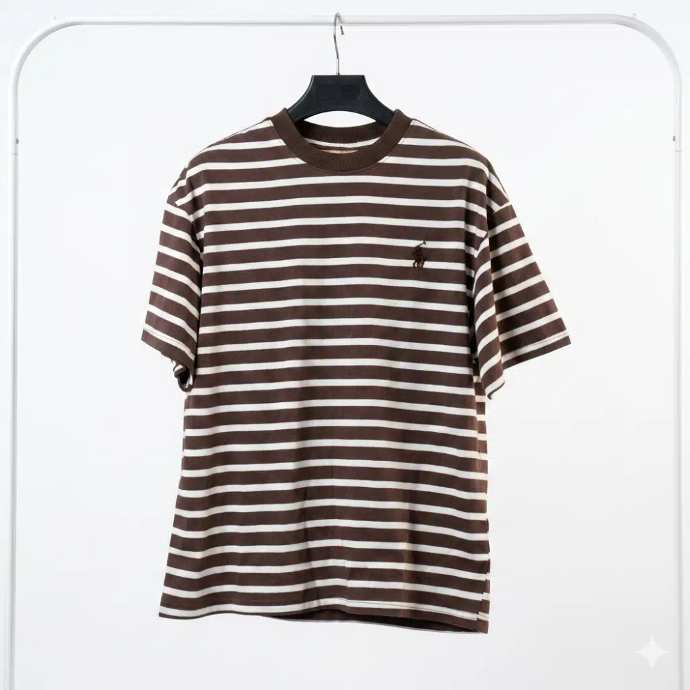 تيشيرت "بولو" قطني مخطط – بني وأبيض كلاسيك