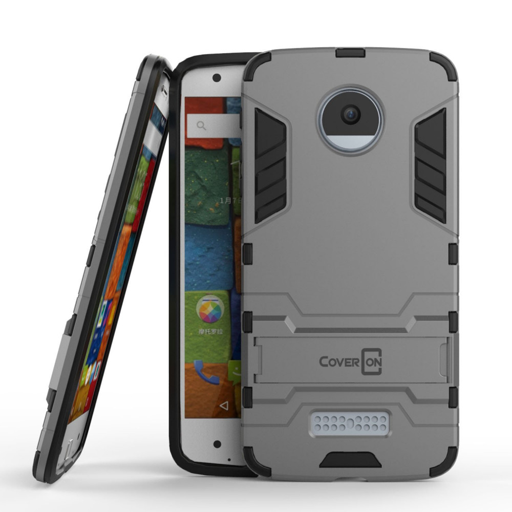 Case FOR Motorola Moto Z Force TPU Covered With Hard PC With Stand Model Shadow Armor Gray and Black OR Silver and Black