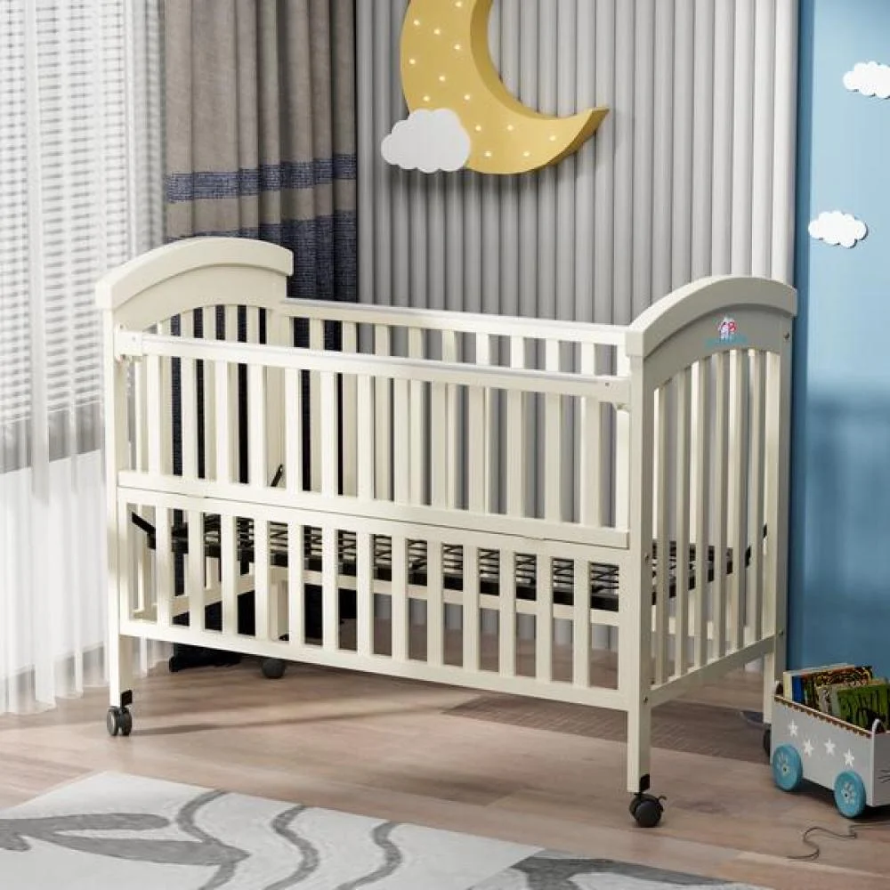 سرير أطفال خشبي بجانب سرير الأم مع ناموسية وعجلات متحركة -متجر اقتناء