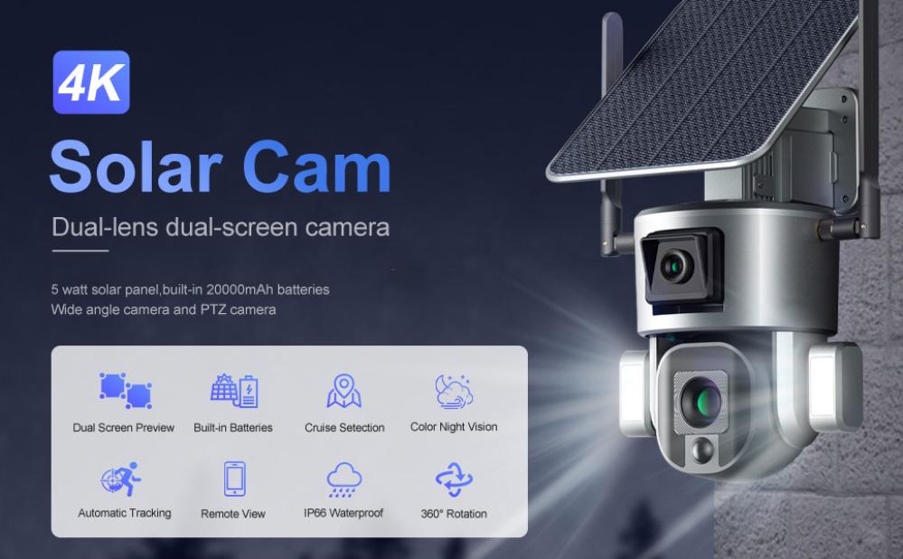 LS VISION Camera-Outdoor Solar Camera 20X Dual Lens, 4K Dual Lens