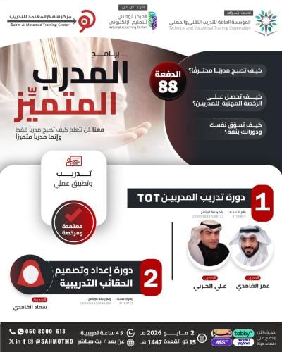 برنامج المدرب المتميز  ( دورة تدريب المدربين TOT + دورة تصميم الحقائب التدريبية)