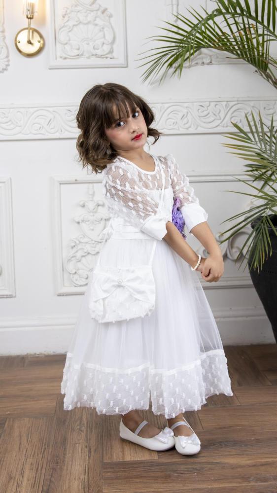 فستان بناتي ابيض مع شنطة