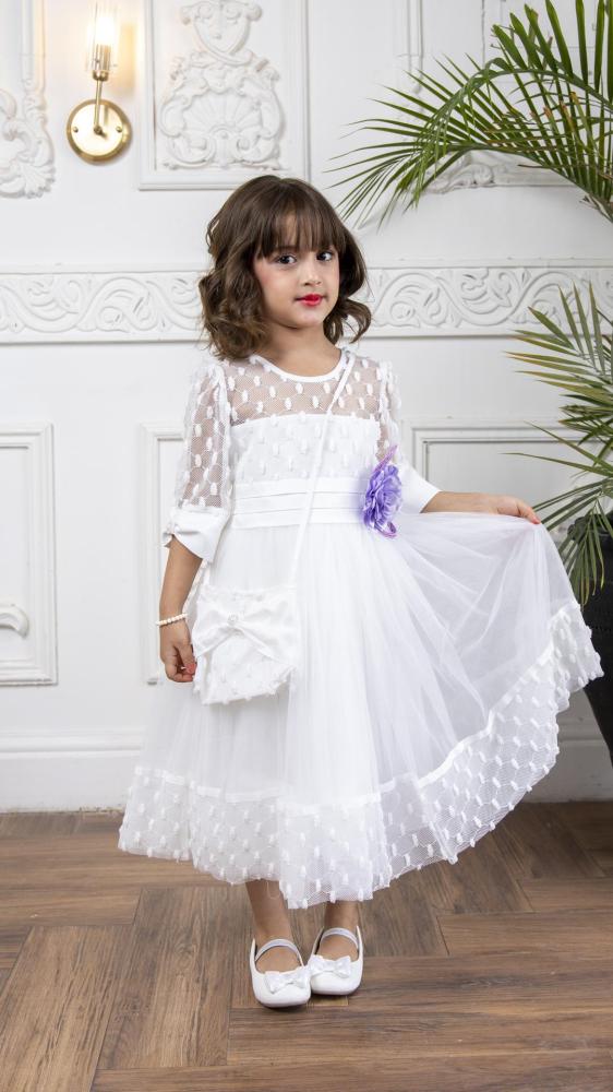 فستان بناتي ابيض مع شنطة