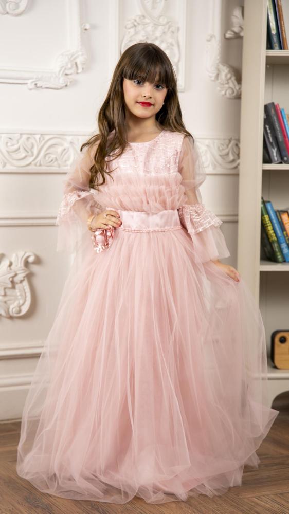 فستان بناتي تُل بلون وردي