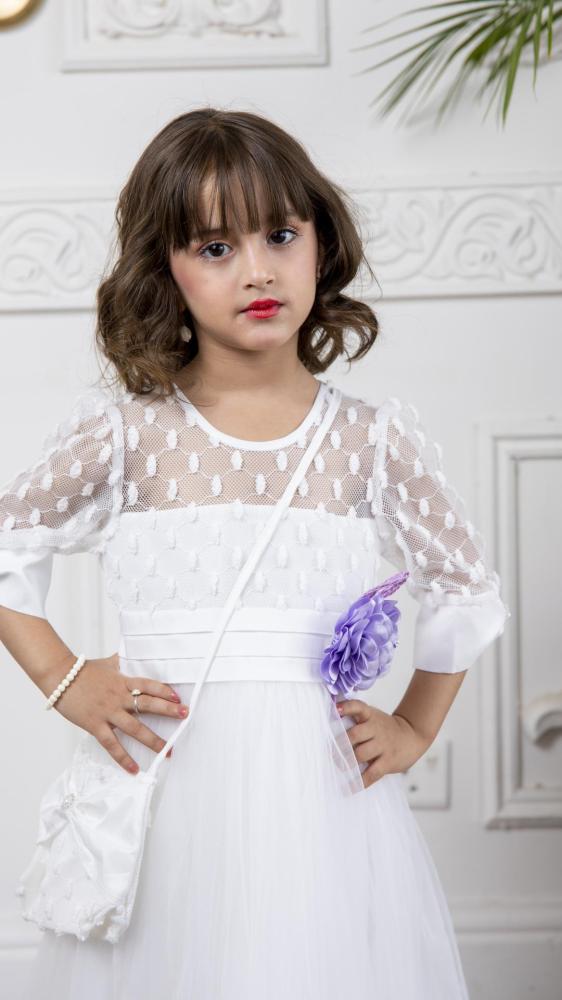 فستان بناتي ابيض مع شنطة