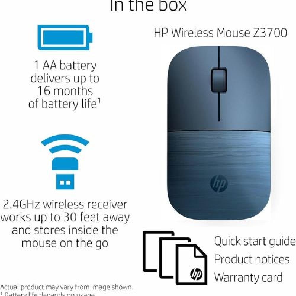 HP ماوس لاسلكي Z3700، اتصال USB دونجل 2.4 GHz، تقنية LED زرقاء، دقة 1200 نقطة لكل بوصة، بطارية 16 شهر، اتصال حتى 10 متر، ضمان لمدة عامين، صغير الحجم، محمول، ازرق لوميير - 7UH88AA
