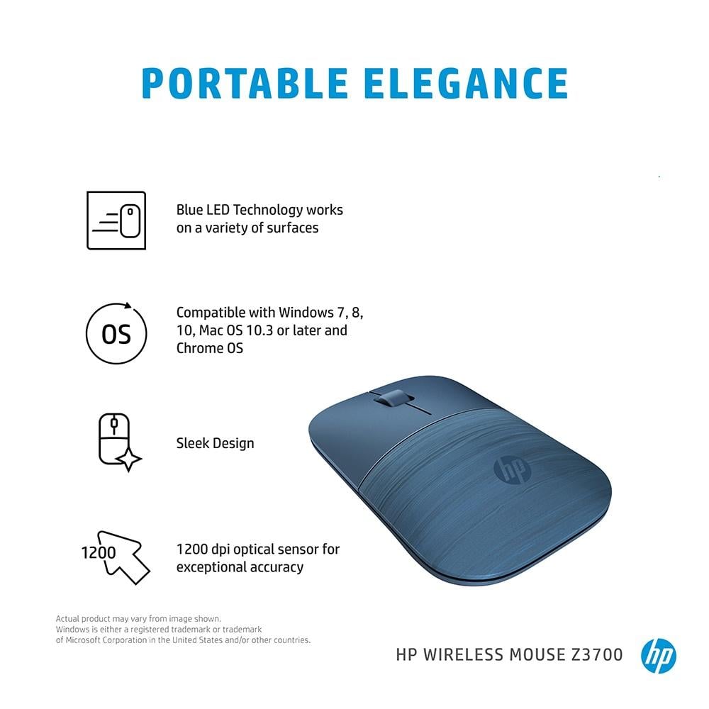 HP ماوس لاسلكي Z3700، اتصال USB دونجل 2.4 GHz، تقنية LED زرقاء، دقة 1200 نقطة لكل بوصة، بطارية 16 شهر، اتصال حتى 10 متر، ضمان لمدة عامين، صغير الحجم، محمول، ازرق لوميير - 7UH88AA