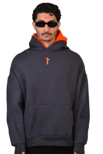 Hoodie Gray Double cap Orange | هودي رمادي دبل كاب...