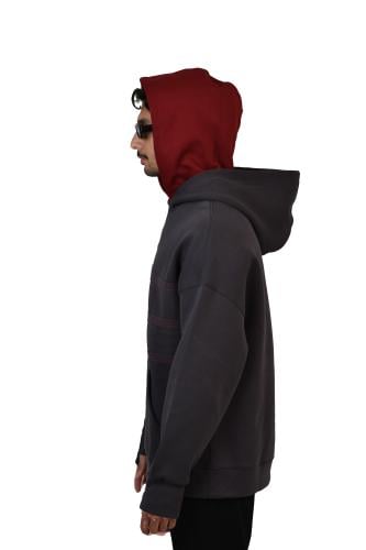 Hoodie gray Double cap Burgundy | هودي رمادي دبل ك...