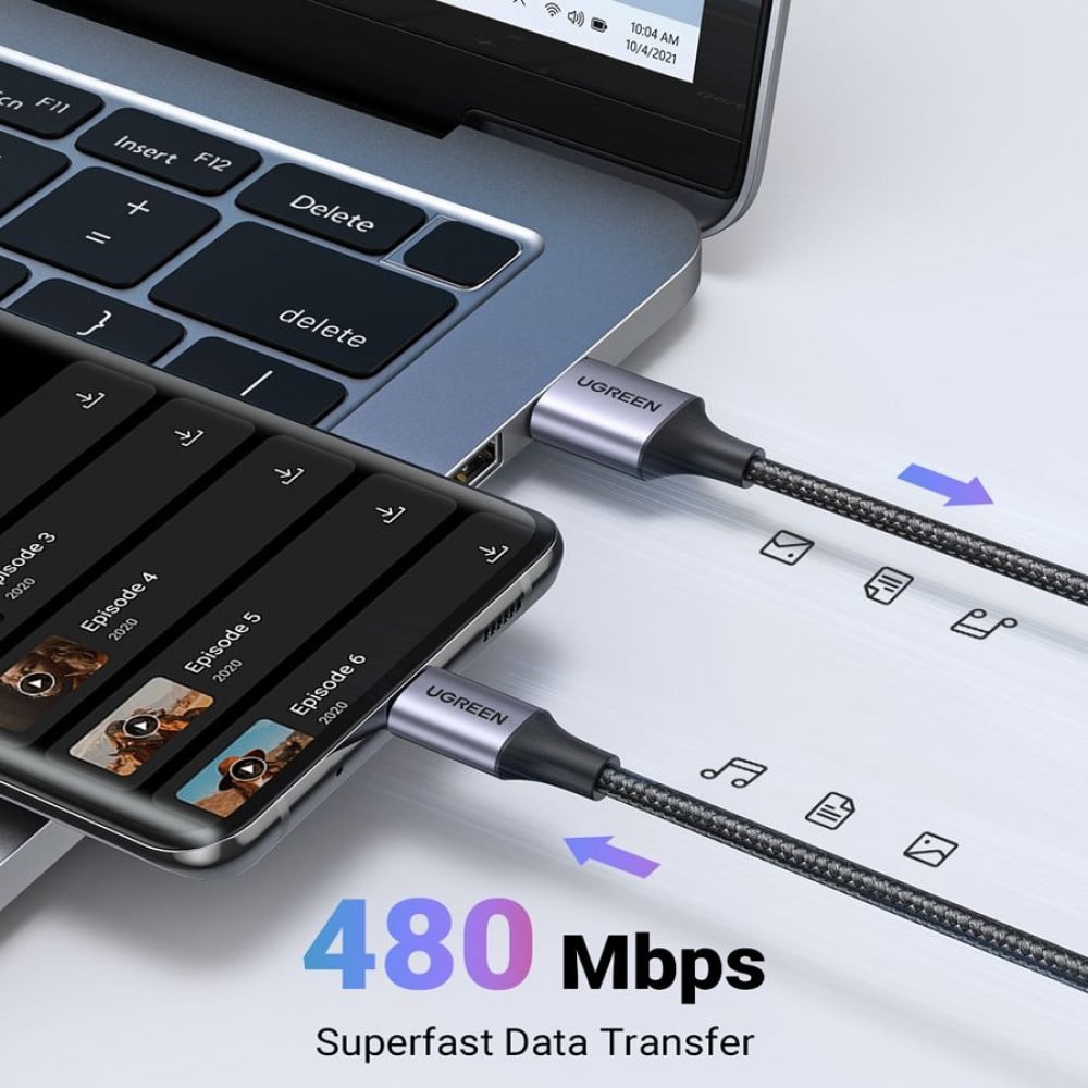 سلك شاحن يوجرين نايلون مظفر USB إلى USB-C بطول 2 م