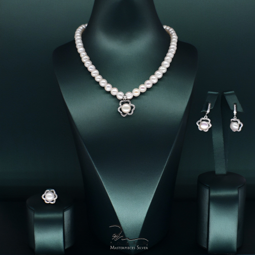 طقم لؤلؤ وفضة بالزركون شبيه الالماس