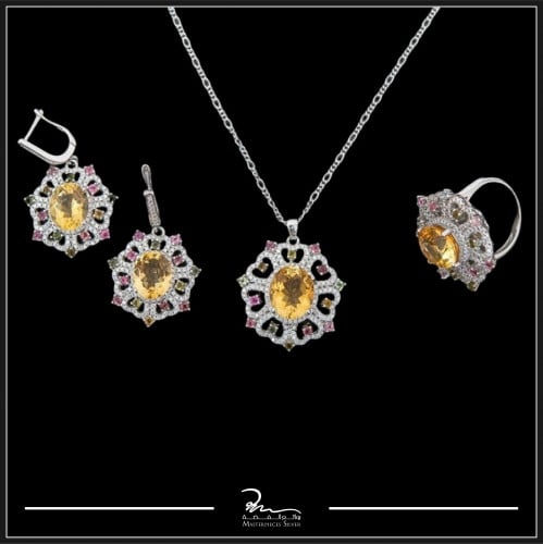 طقم فضة و التورمالين الاصفر الطبيعي