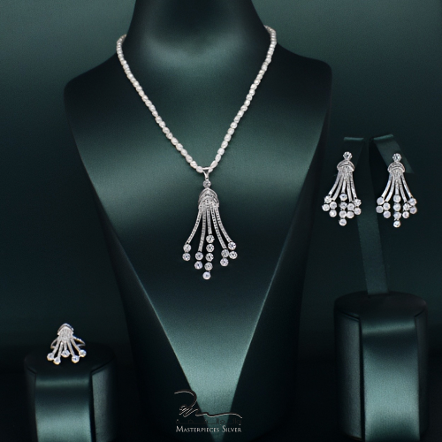 طقم لؤلؤ وفضة بالزركون شبيه الالماس