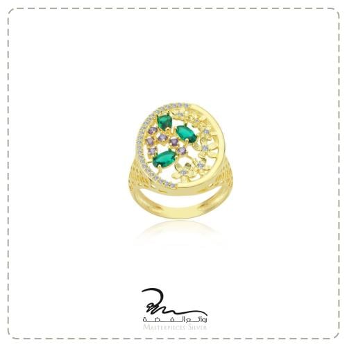 خاتم نسائي فضة بطلاء الذهب و احجار كريمة