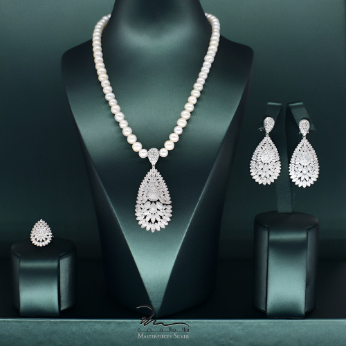 طقم لولو فضة وزركون شبيه الالماس