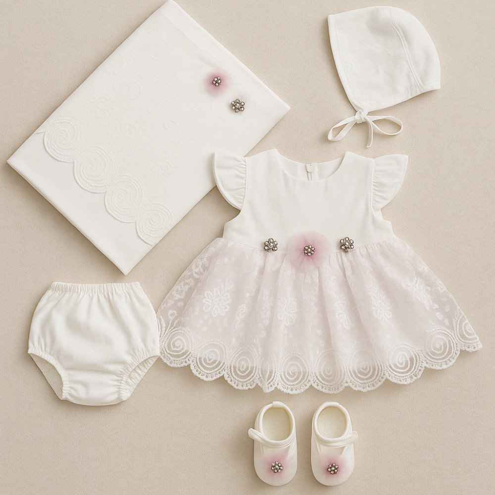 طقم مواليد بناتي 5 قطع أبيض مع دانتيل وزهور وردية من Flexi BabyKids يش