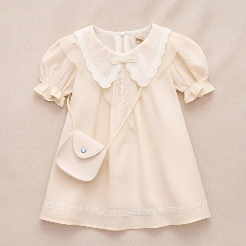 فستان بناتي كريمي بياقة كبيرة مطرزة مع شنطة