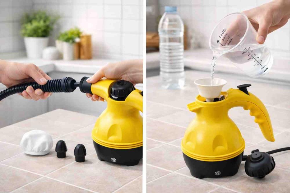 شرح عملي لتركيب جهاز بخار وتنظيف الأسطح باستخدام الرؤوس المختلفة