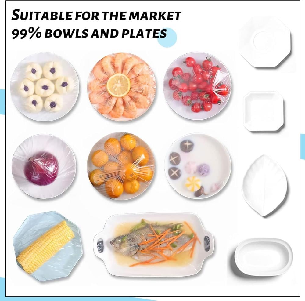 200 قطعة من اكياس حفظ الطعام الطازجة، اغطية طعام مرنة اكياس بلاستيك بلاستيك للاستعمال مرة واحدة، اغطية طعام بلاستيكية لطعام الفواكه والخضروات