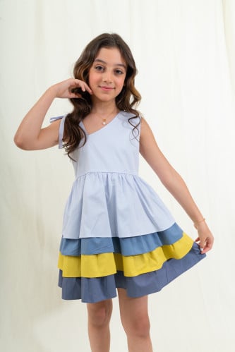 فستان قطن بطبقات متعددة الالوان ازرق