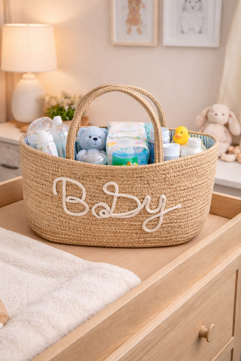 سلة تنظيم أغراض البيبي البيج الأنيقة بحبال قطنية