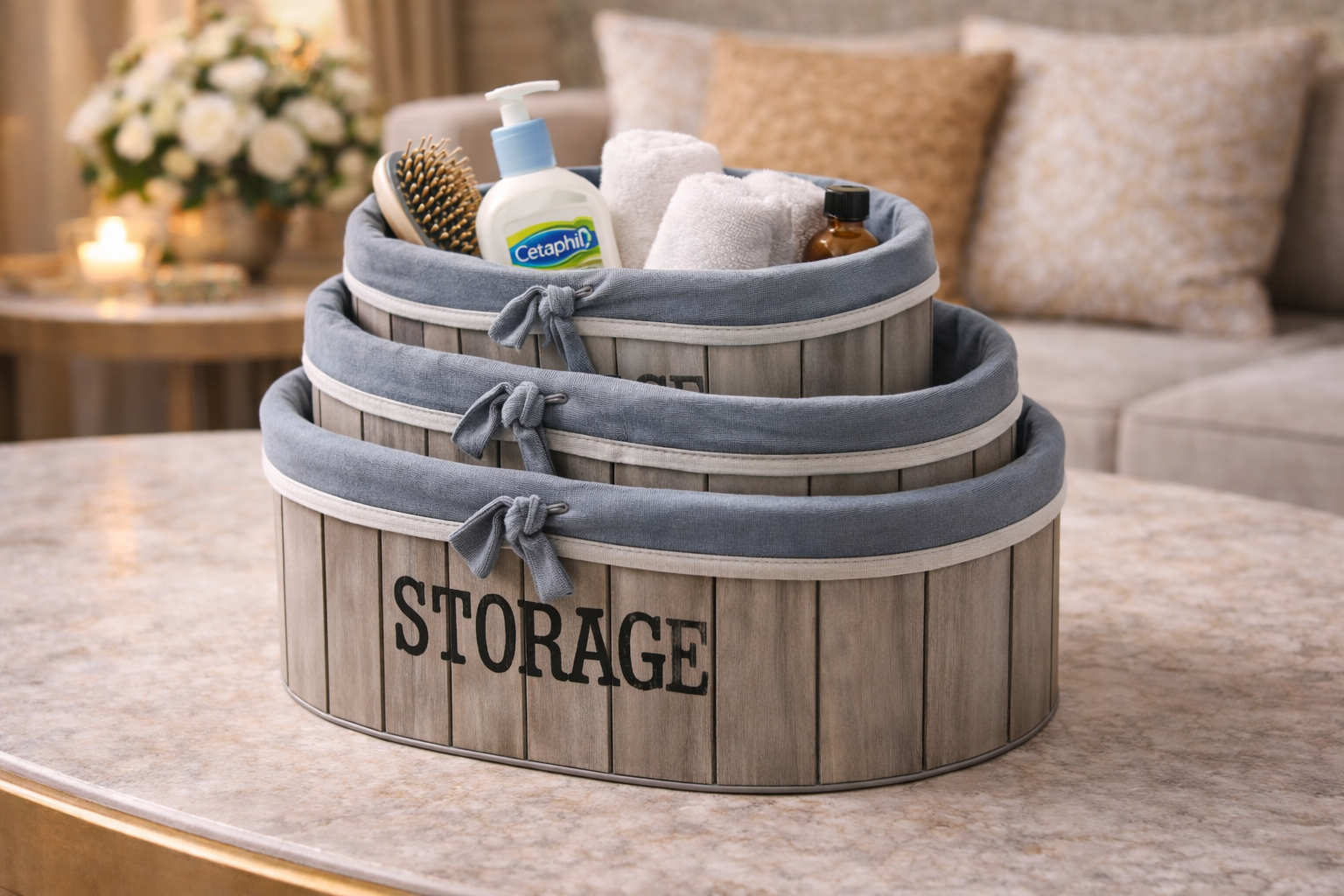 طقم سلال تخزين خشبية مبطّنة بالقماش بتصميم أنيق وبسيط، مناسبة للاستخدام المنزلي 3 قطع