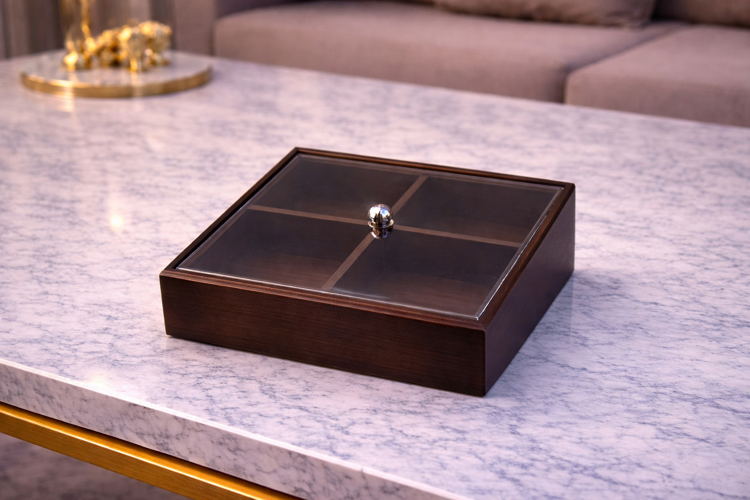 علبة تنظيم خشبية فخمة بغطاء زجاج – أناقة وترتيب للمطبخ