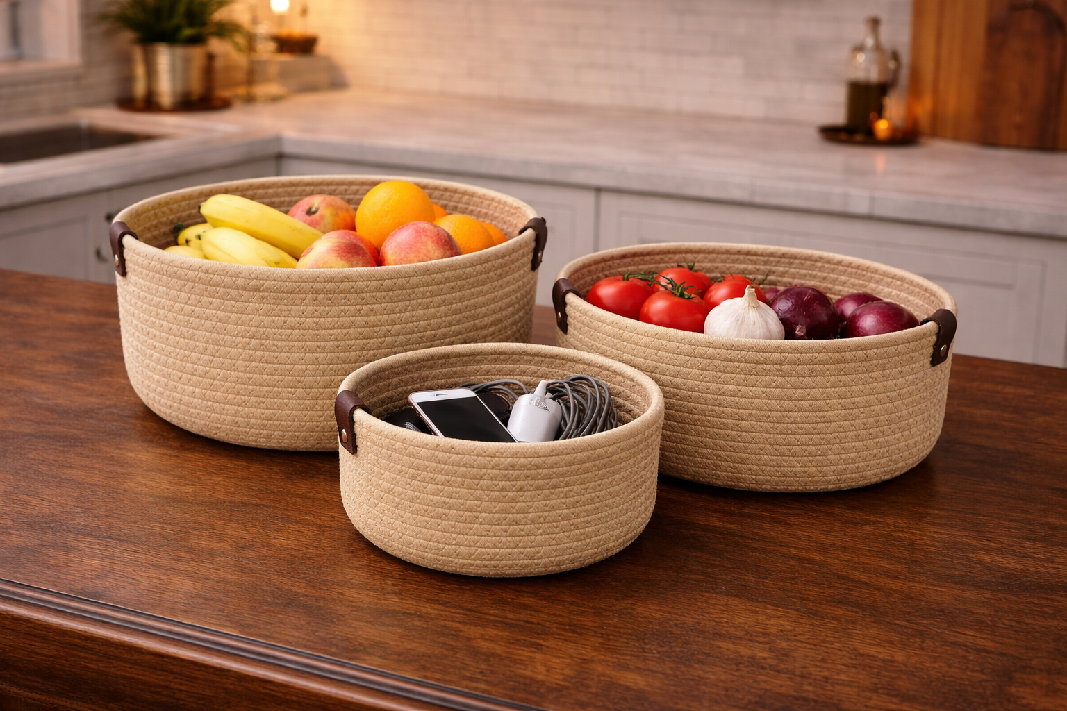 طقم سلال قماش فخم 3 قطع – ترتيب وأسلوب في مطبخك