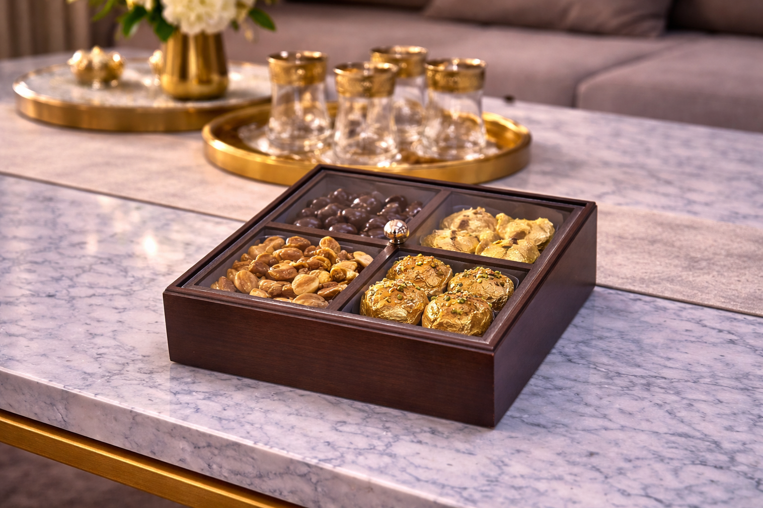 علبة تنظيم خشبية فخمة بغطاء زجاج – أناقة وترتيب للمطبخ