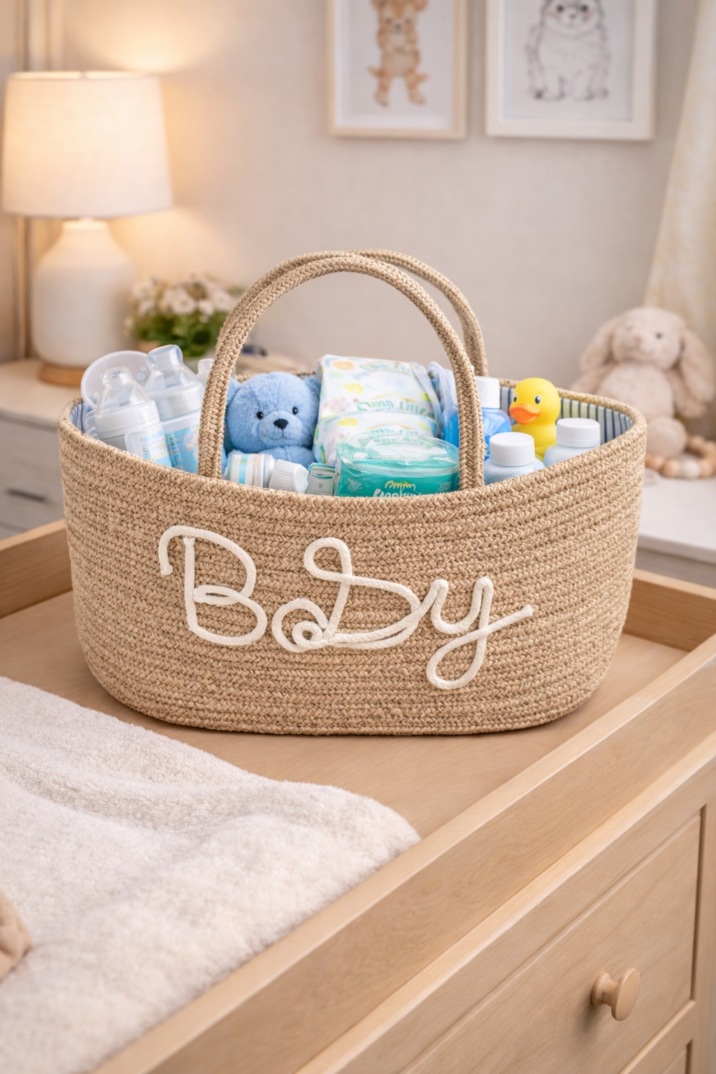 سلة تنظيم أغراض البيبي البيج الأنيقة بحبال قطنية