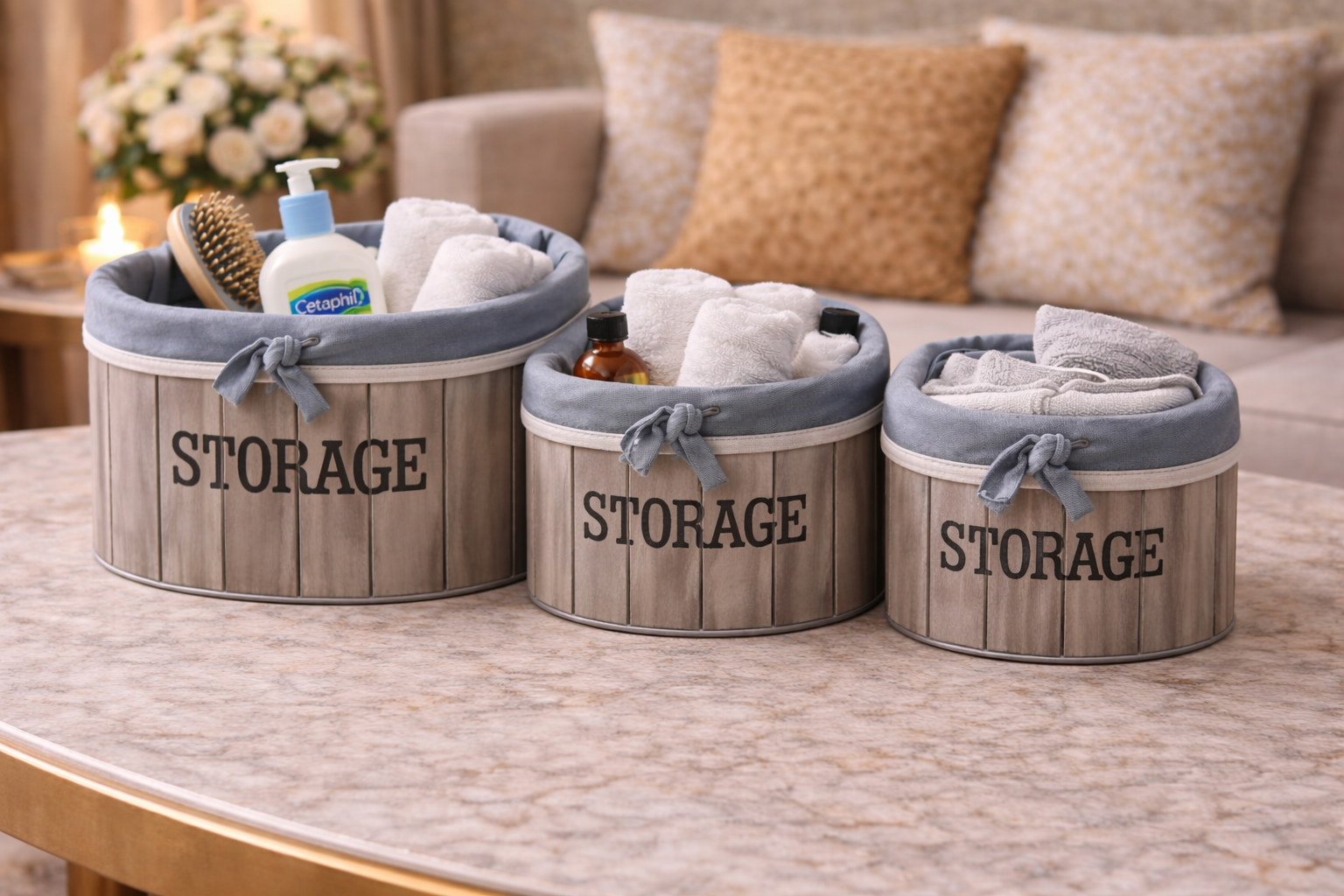 طقم سلال تخزين خشبية مبطّنة بالقماش بتصميم أنيق وبسيط، مناسبة للاستخدام المنزلي 3 قطع