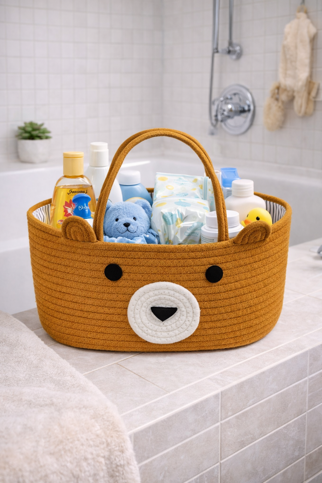 شنطة  وسلة تخزين  ومنظم  بتصميم "الدب اللطيف"  بني