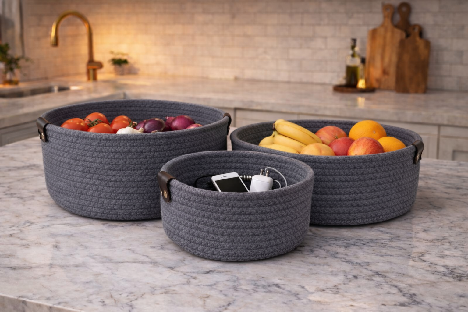 طقم سلال قماش فخم 3 قطع – ترتيب وأسلوب في مطبخك