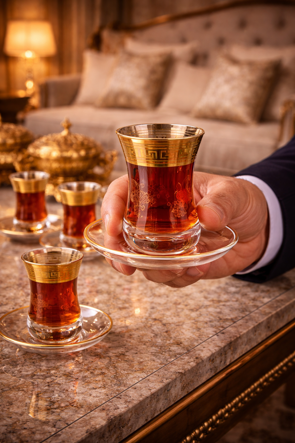 طقم بيالات شاي  تركي فاخر 6 قطع مع الصحون – لمسة ذهبية ترفع الذوق