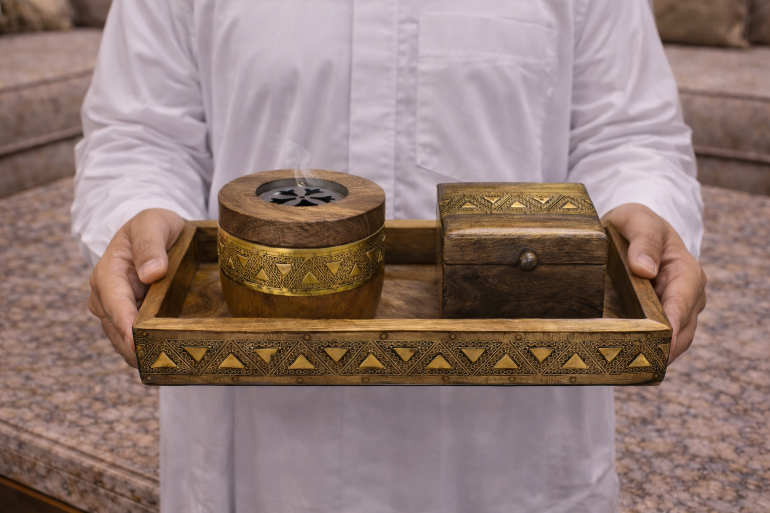 طقم مبخرة هندية خشبية فخمة مع صندوق – تجربة بخور راقية للمجلس