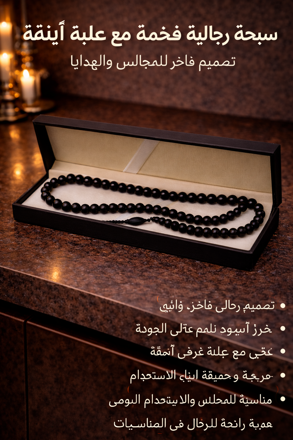 سبحة رفيعة اسود فخمة مع علبة أنيقة – تصميم فاخر للمجالس والهدايا 99 خرزه