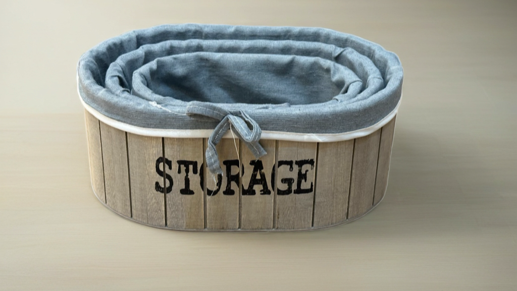 طقم سلال تخزين خشبية مبطّنة بالقماش بتصميم أنيق وبسيط، مناسبة للاستخدام المنزلي 3 قطع