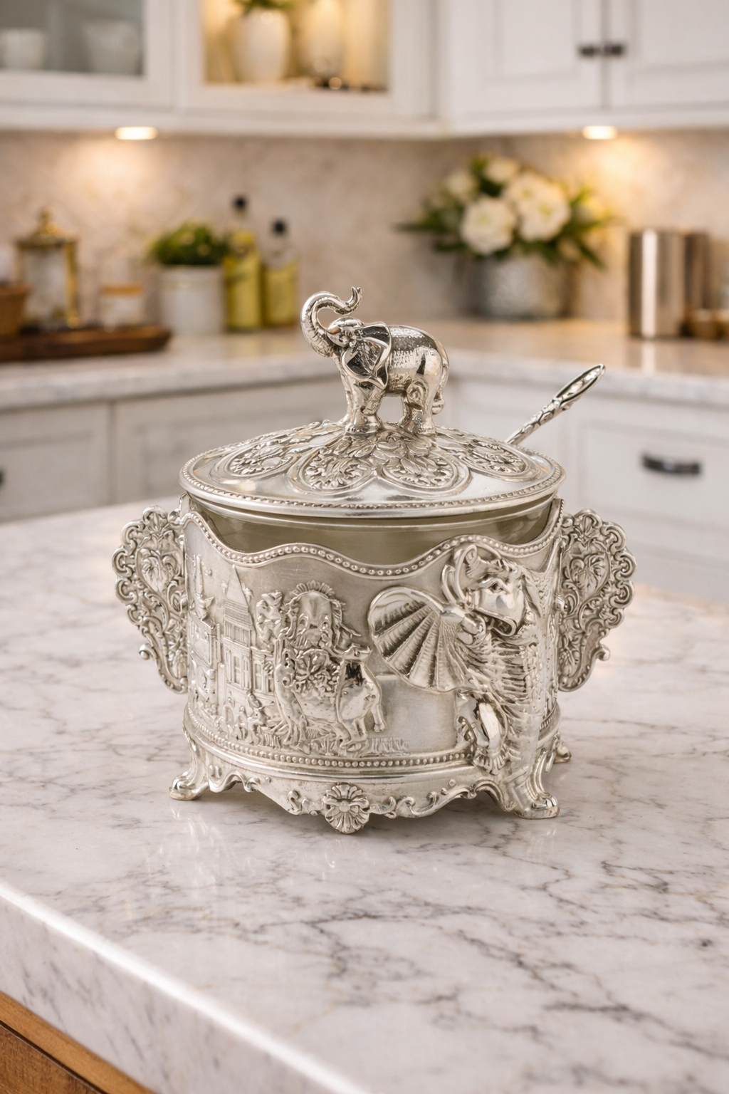 علبة سكر فاخرة بتصميم انيق وهيكل مزخرف بنقوش